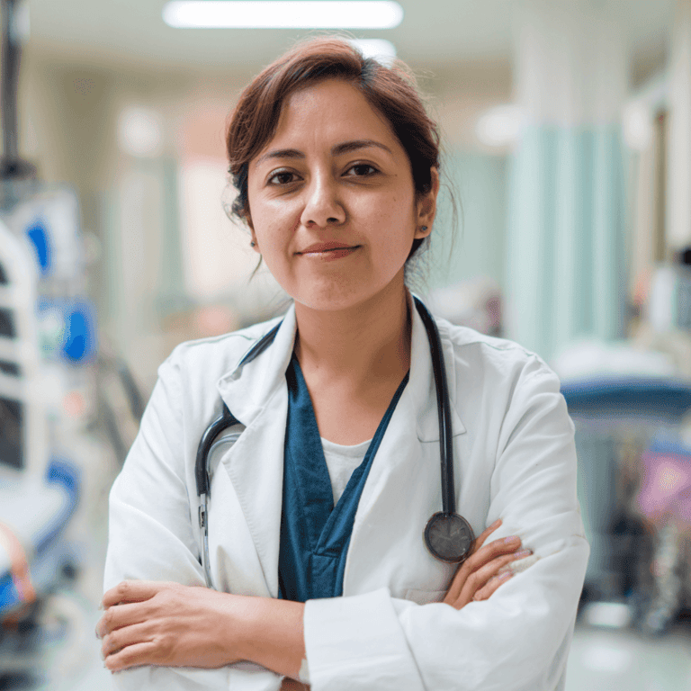 Doctora sonriente con bata blanca y estetoscopio en pasillo de hospital