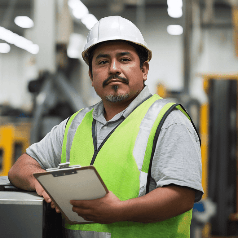 Hombre con casco blanco y chaleco verde reflectante sosteniendo una tableta en almacén industrial