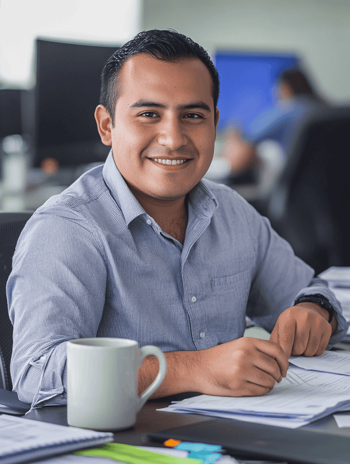 Hombre profesional sonriendo en su escritorio con café y documentos