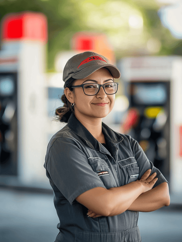 Mujer joven con uniforme gris y gorra sonriendo con brazos cruzados en gasolinera
