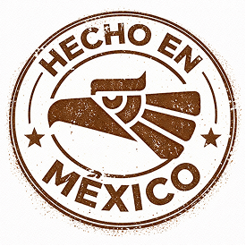 Brown circular stamp with 'HECHO EN MÉXICO' text and Mexican sombrero design with stars