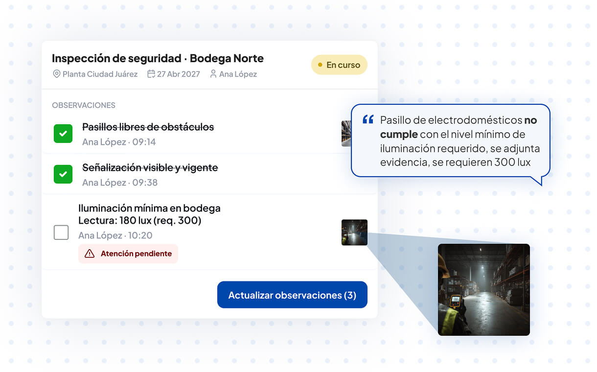 Interfaz de inspección mostrando observaciones de seguridad con pasillos verificados e iluminación pendiente