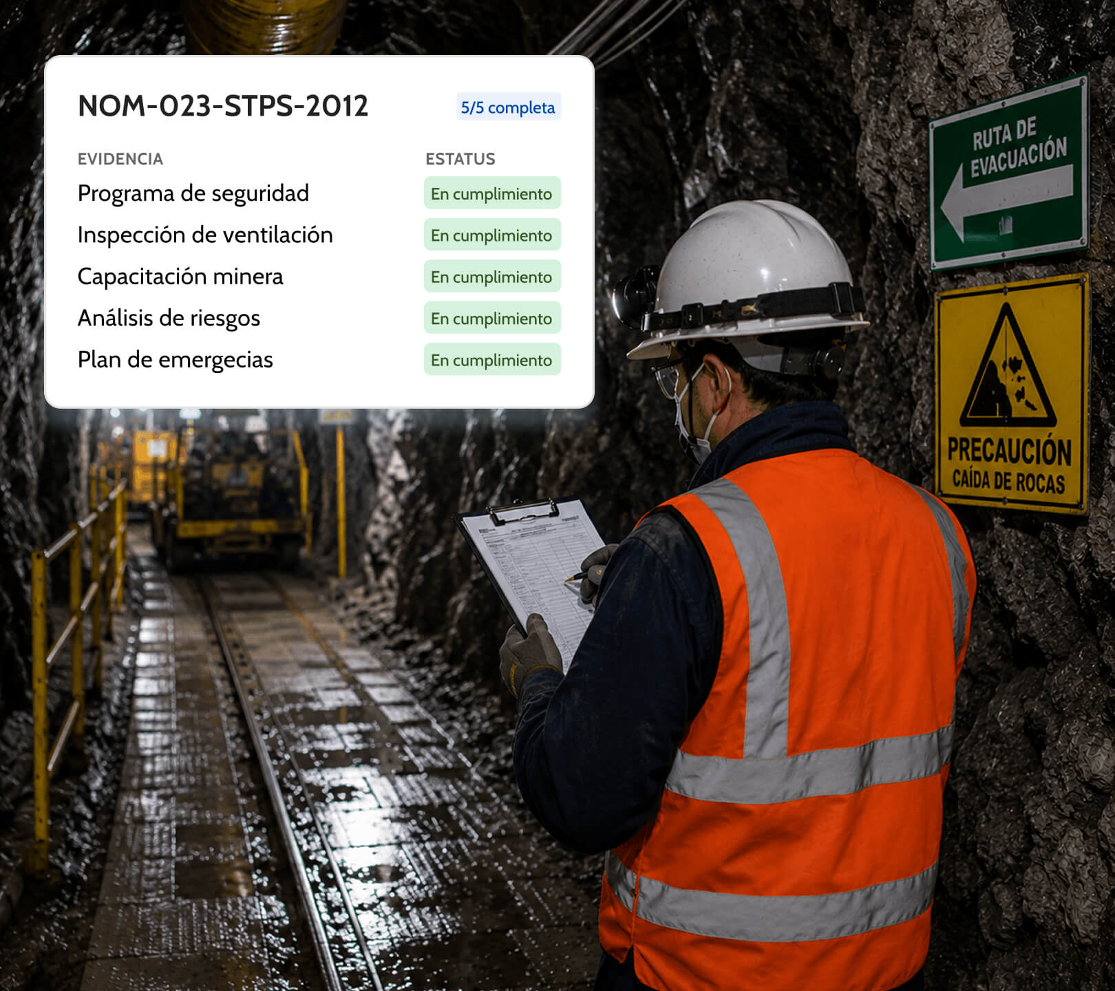 Inspector con chaleco naranja revisa lista de verificación en túnel minero con 5 evidencias en cumplimiento normativo.