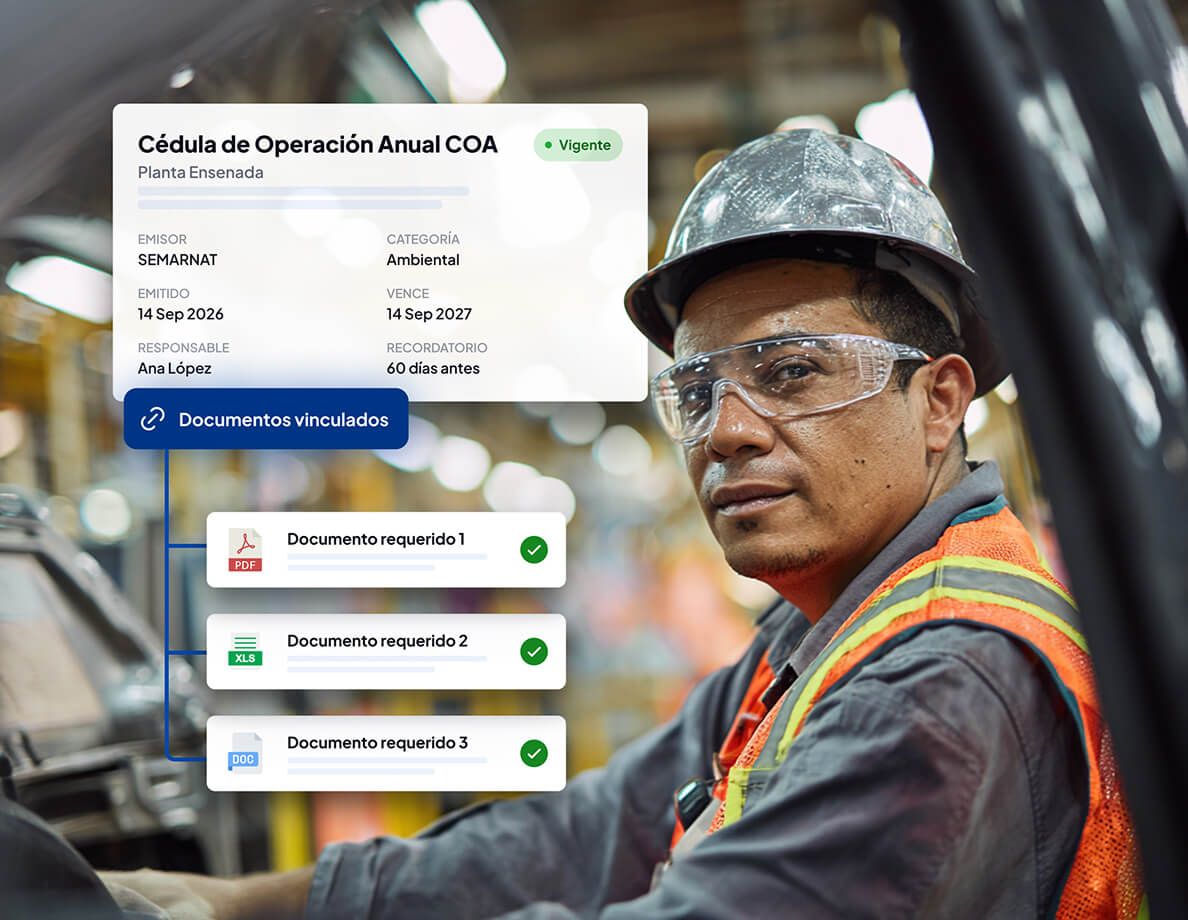 Trabajador industrial con interfaz digital mostrando cédula de operación anual COA