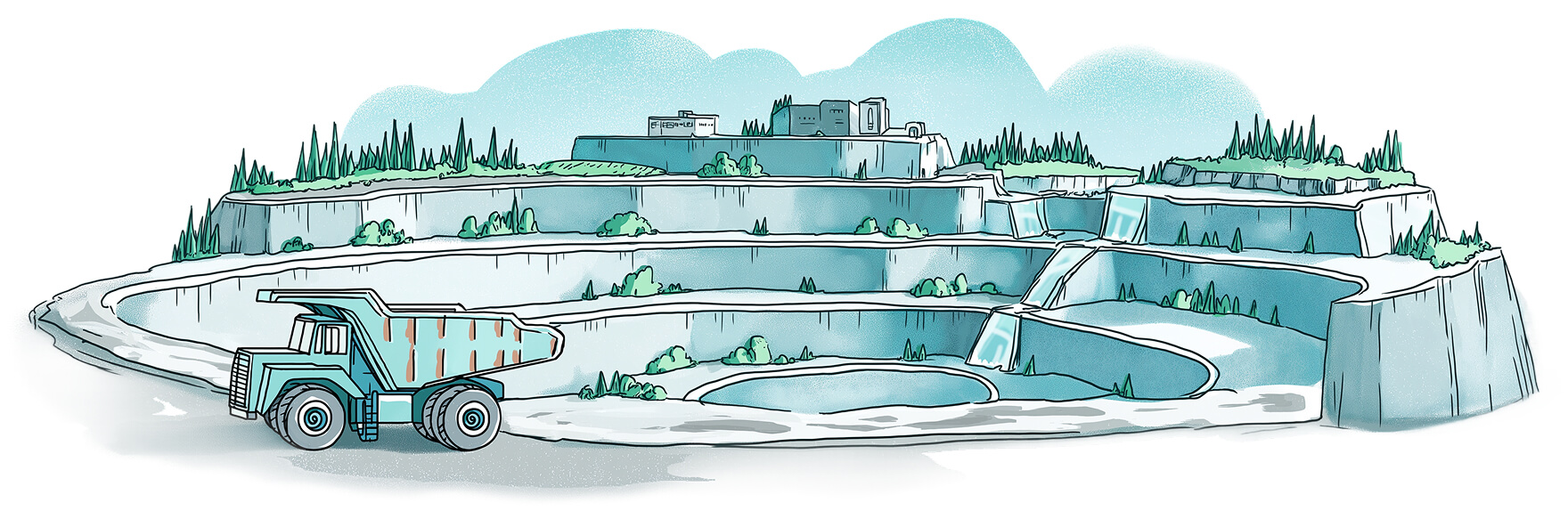 Illustration of an open-pit mine with stepped terraces and a large mining truck