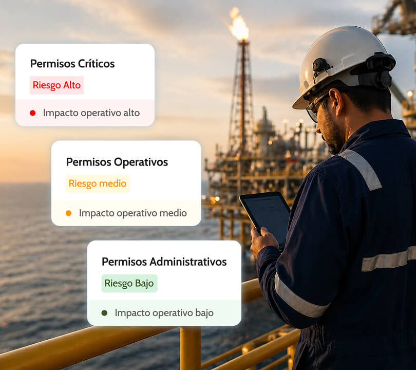 Worker on an offshore oil platform reviewing a tablet with permit classification by risk level