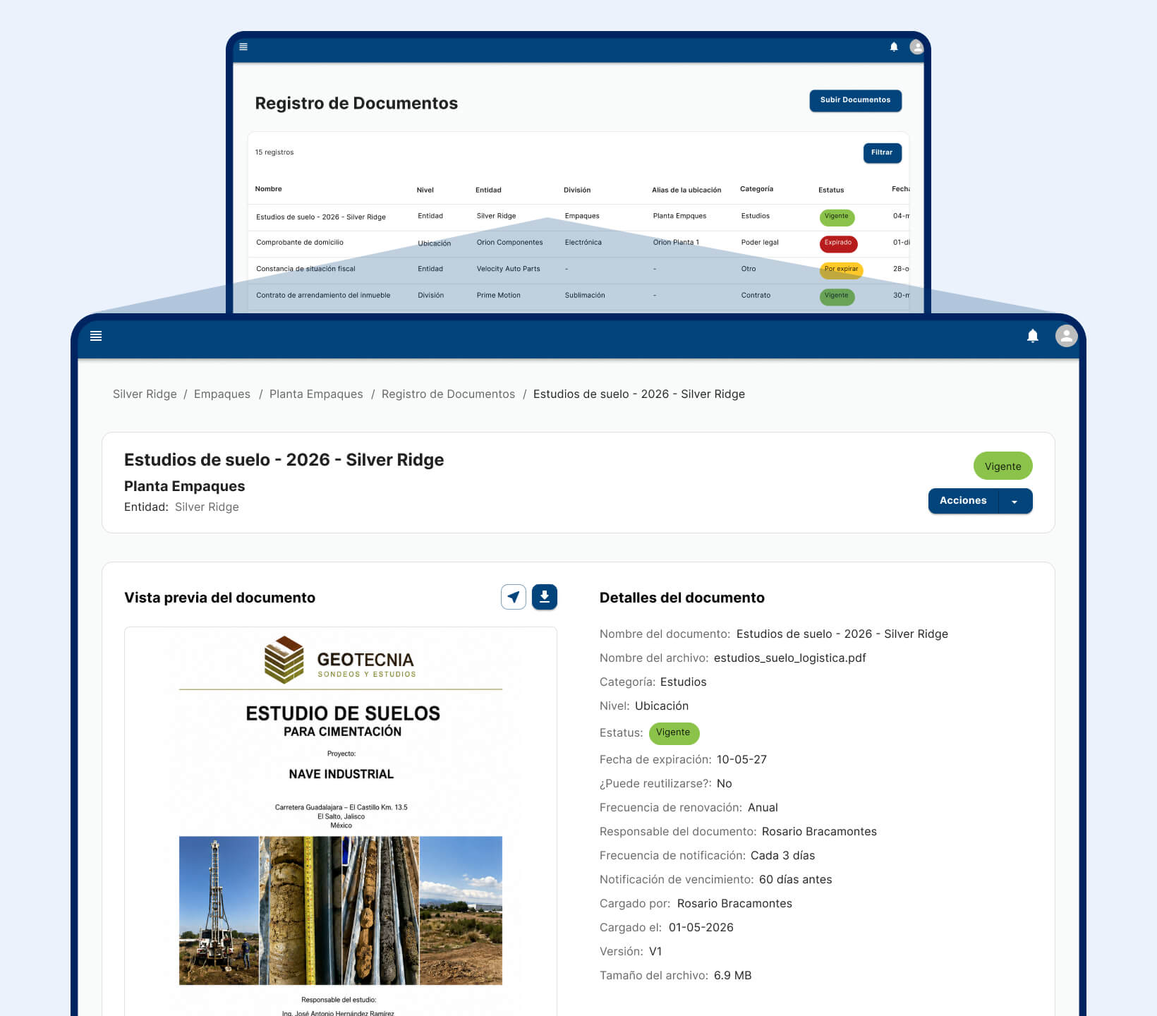 Software interface showing document registry with detailed view of Silver Ridge 2026 soil study.
