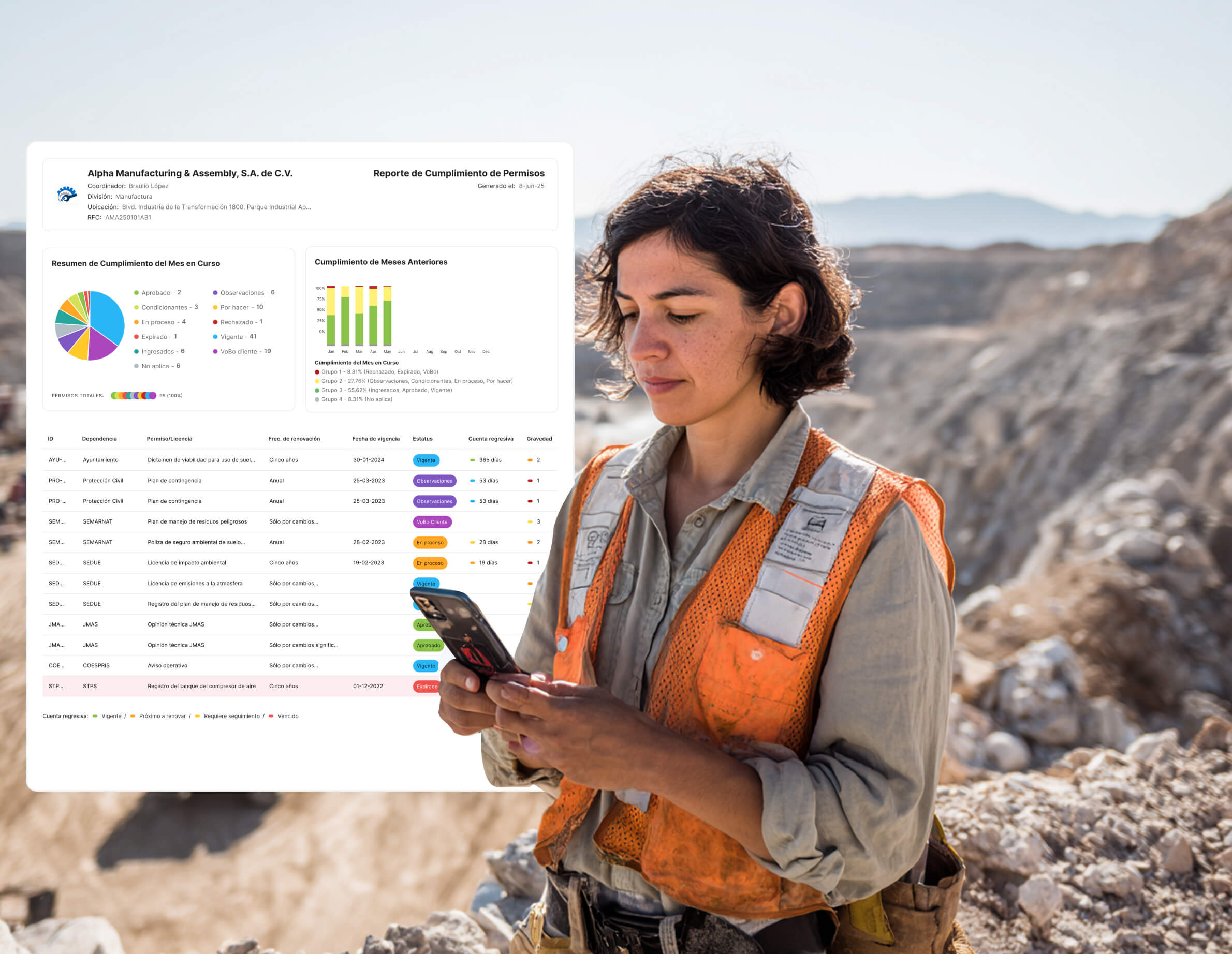 Woman in orange safety vest reviews her phone next to environmental permit report panel.