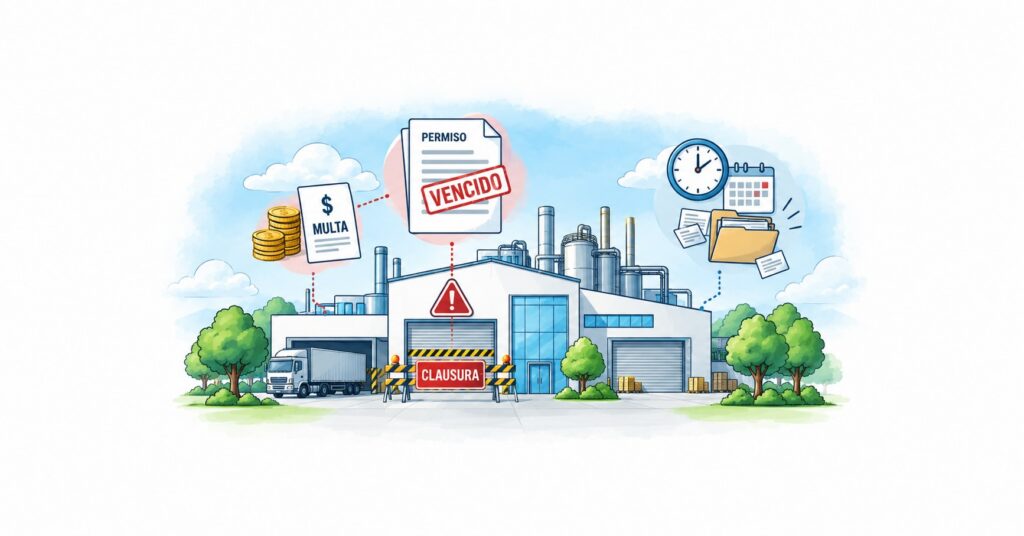 Illustration of a shut-down factory with signs of a fine, an expired permit, and pending documents.