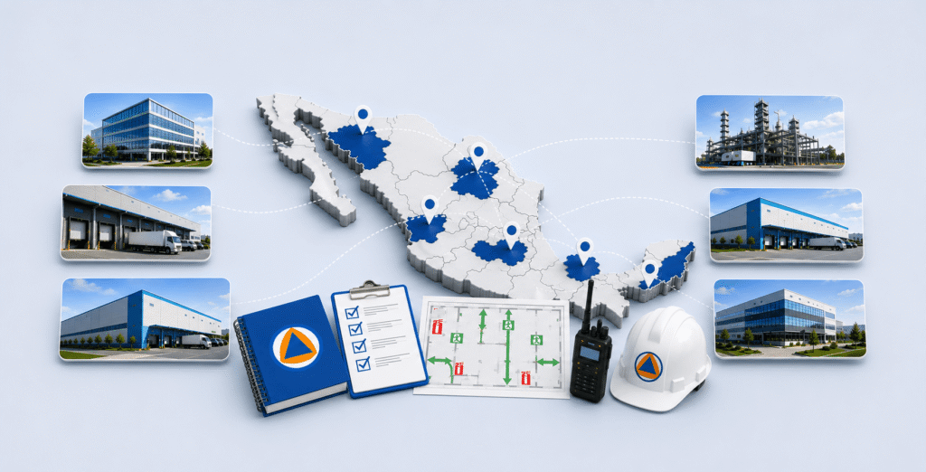 Map of Mexico with marked locations, industrial facilities, and civil protection equipment.