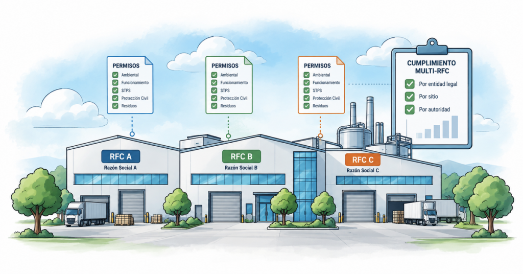 Diagram of three industrial plants RFC A, B, and C with their regulatory permits and Multi-RFC compliance.